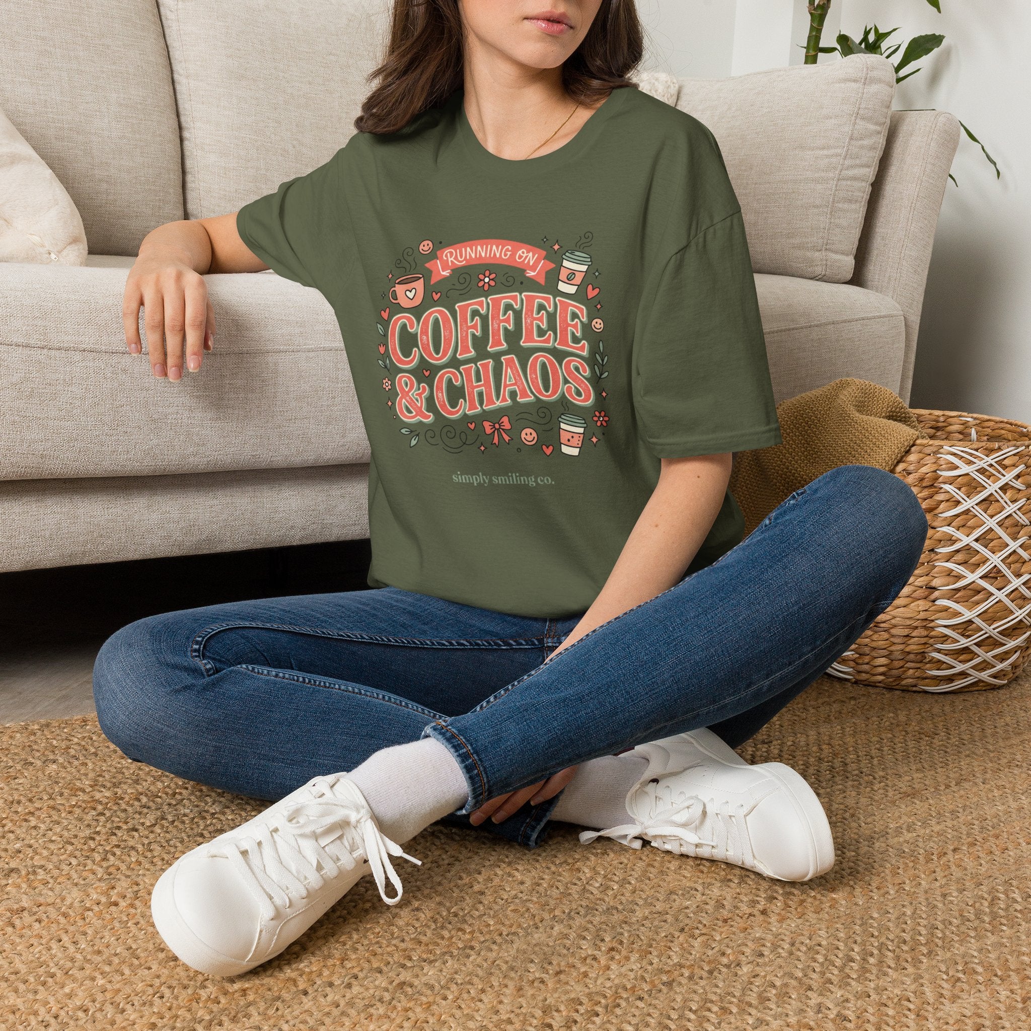Coffee & Chaos T-Shirt — "Running On Coffee & Chaos" Graphic Tee for Coffee Lovers